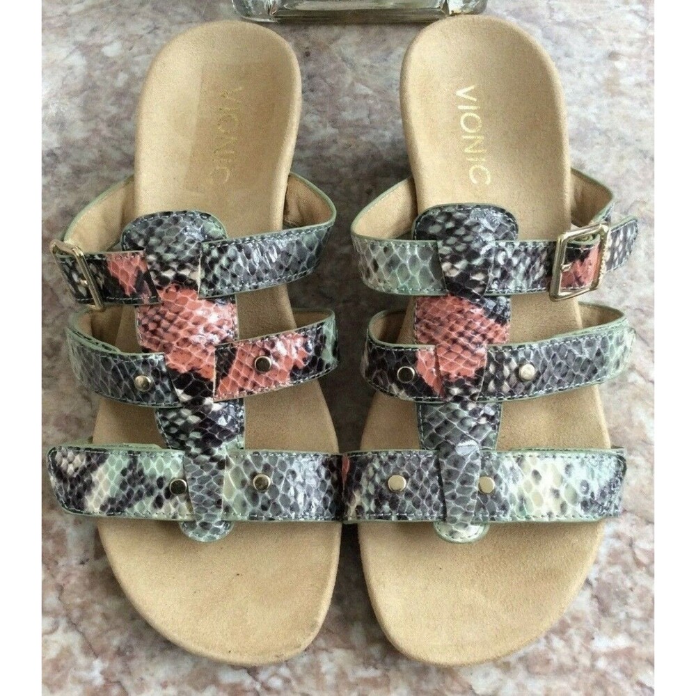 Vionic Orthaheel Radia Snakeskin Adjustable Triple Strap Slide Wedges  Size 8